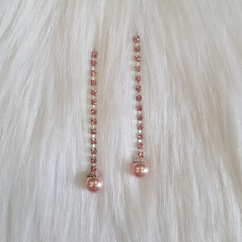 Pink Rhinestone Pearl Dangle Earrings